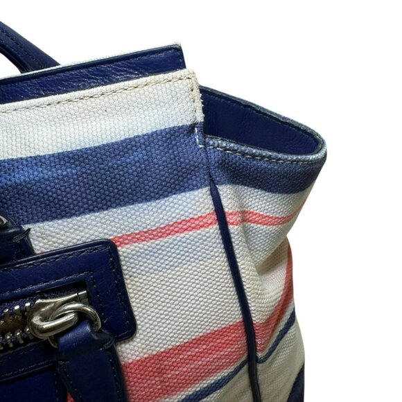 Coach Stripe Canvas & Navy Leather Satchel Tote – Tassel Bag Zip Pocket – Large - Picture 7 of 13